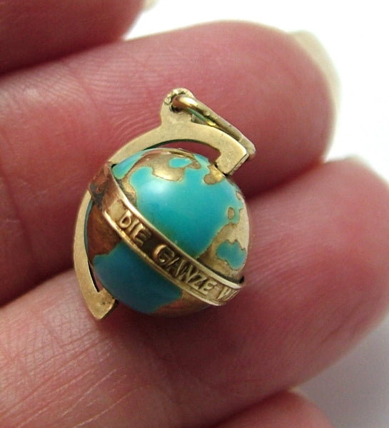 Vintage 1930's 14k 14ct Gold & Blue Enamel Rotating Globe Charm “The Whole World Revolves Around Love” Gold Charm - Sandy's Vintage Charms