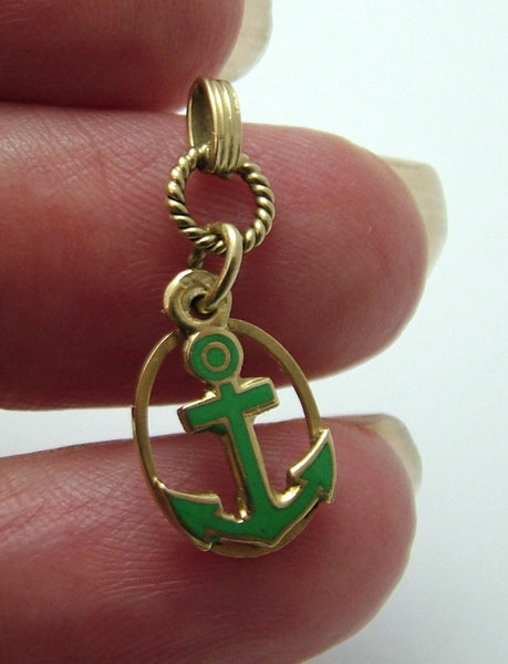 Small Vintage 1950’s 14ct 14k Gold & Green Enamel Anchor Charm Gold Charm - Sandy's Vintage Charms