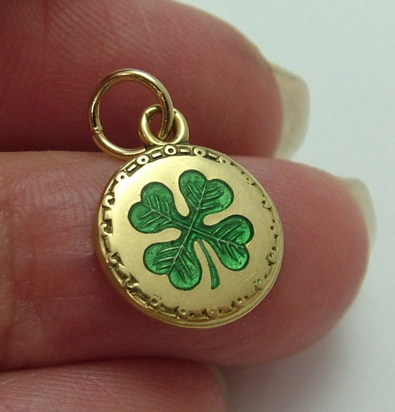 Small Vintage 1930’s 14ct 14k Gold & Green Enamel Lucky Four Leaf Clover Charm Gold Charm - Sandy's Vintage Charms