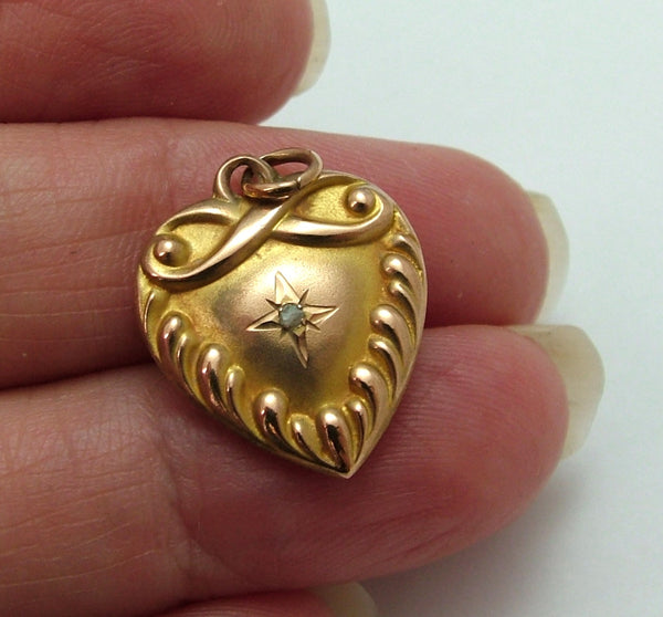 Antique Victorian c1900 American 10k Gold & Diamond Repousse Puffy Heart Charm Antique Charm - Sandy's Vintage Charms