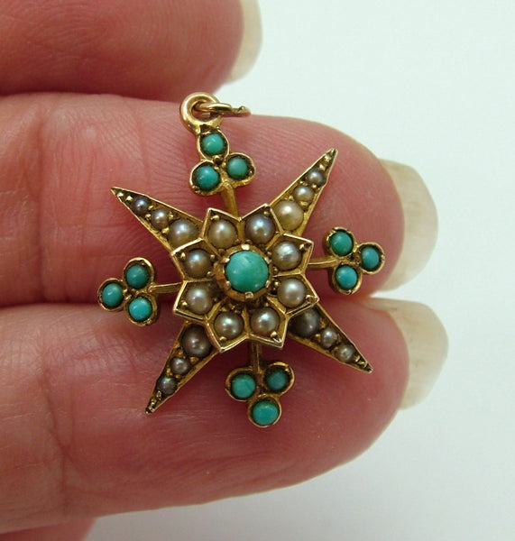 Antique Victorian c1890's 15ct Gold, Seed Pearl & Turquoise Star Charm or Pendant Antique Charm - Sandy's Vintage Charms