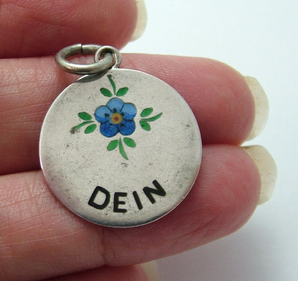 Antique c1895 Silver & Enamel Forget-me-not Flower Charm “DEIN” Antique Charm - Sandy's Vintage Charms