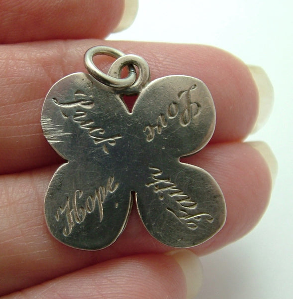 Vintage 1920's Silver Four Leaf Clover Charm Engraved “Luck, Love, Hope, Faith” Silver Charm - Sandy's Vintage Charms