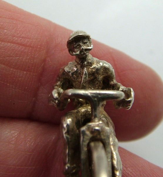 Large Vintage 1970's Silver Man Riding Penny Farthing Bicycle Charm with Moving Wheel Silver Charm - Sandy's Vintage Charms