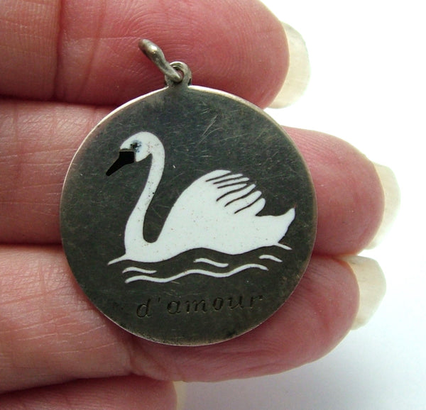 Large Antique c1920 Silver & Enamel Swan “d’amour” Rebus Charm Antique Charm - Sandy's Vintage Charms