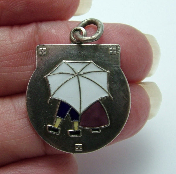 Large Antique Art Nouveau c1905 Solid Silver & Enamel People Under Umbrella Charm Antique Charm - Sandy's Vintage Charms