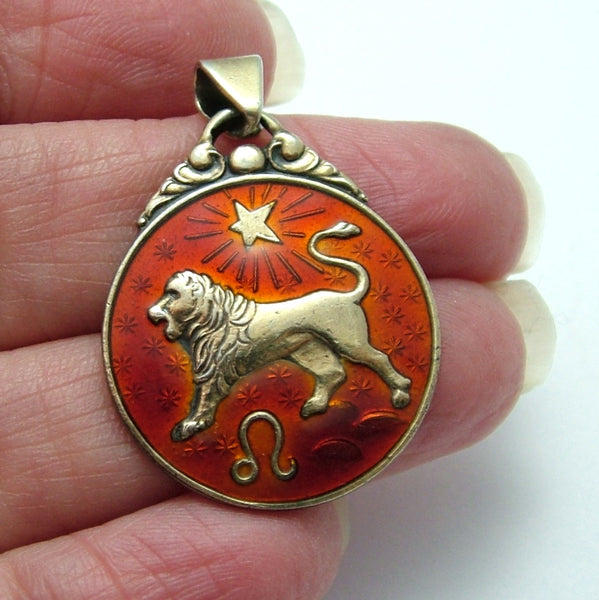 Large 1960's Danish Silver Gilt & Red Enamel Leo the Lion Zodiac Charm by Hans Jensen Enamel Charm - Sandy's Vintage Charms