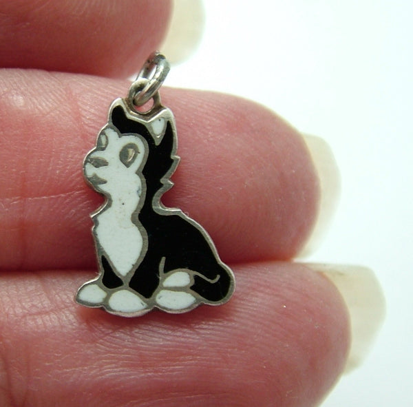 Small Vintage 1950's Silver & Enamel Black & White Cat Charm Figaro from Pinocchio Enamel Charm - Sandy's Vintage Charms