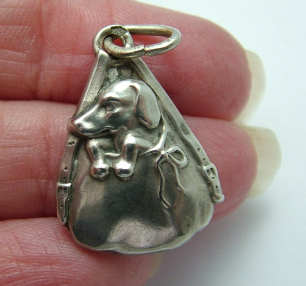 Antique Edwardian c1905 Hollow Silver Dachshund in a Bag Charm Antique Charm - Sandy's Vintage Charms