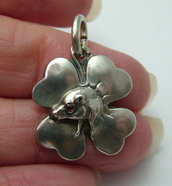 Antique Edwardian Art Nouveau c1905 Silver Hollow Pig in a Four Leaf Clover Charm with Ruby Eye Antique Charm - Sandy's Vintage Charms