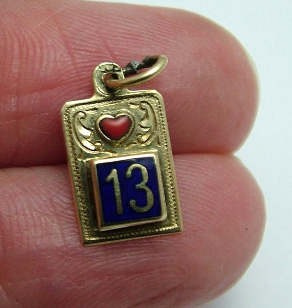 Vintage 1950’s 14ct 14k Gold & Enamel Calendar Charm with Heart & Lucky 13 Gold Charm - Sandy's Vintage Charms