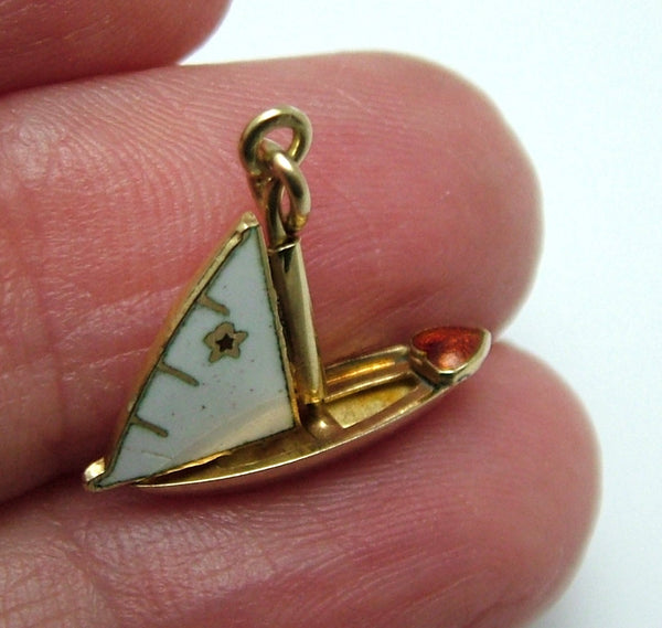 Vintage 1950’s 14ct 14k Gold & Enamel Sailing Yacht Charm with Moving Sail & Tiny Red Heart Gold Charm - Sandy's Vintage Charms