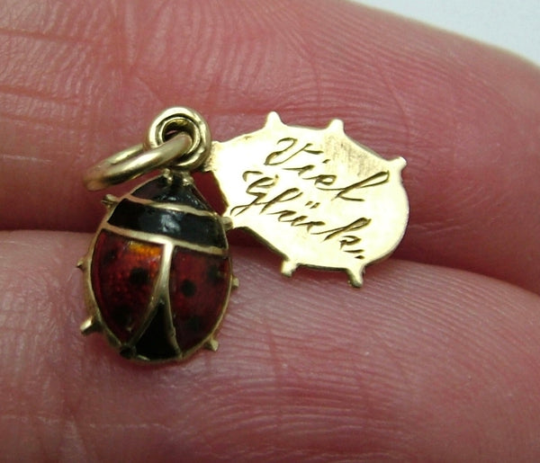 Tiny Vintage 1950’s 14ct 14k Gold & Red Enamel Lucky Ladybird Slider Charm “Viel Gluck” Inside Gold Charm - Sandy's Vintage Charms