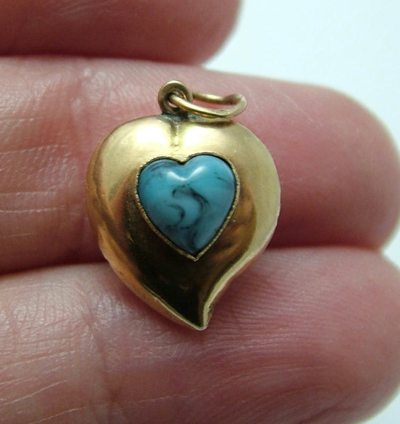 Vintage 1970's 18ct 18k Gold & Turquoise Glass Witches Heart Charm Gold Charm - Sandy's Vintage Charms