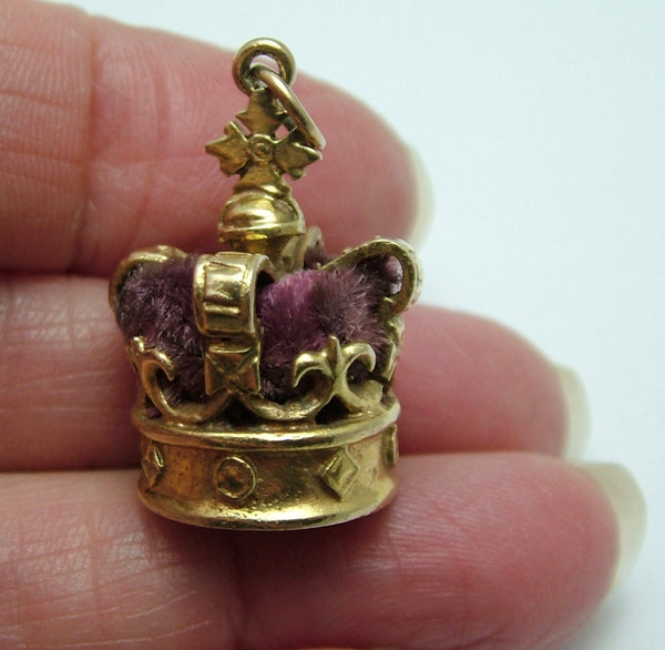 Large Vintage 1960's 9ct Gold & Purple Velvet Crown Charm HM 1965 Gold Charm - Sandy's Vintage Charms