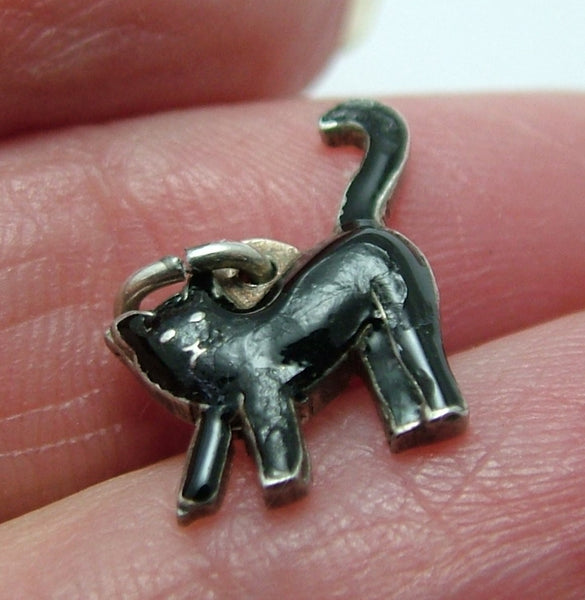 Small Vintage 1950's Silver & Enamel Lucky Black Cat Charm Enamel Charm - Sandy's Vintage Charms