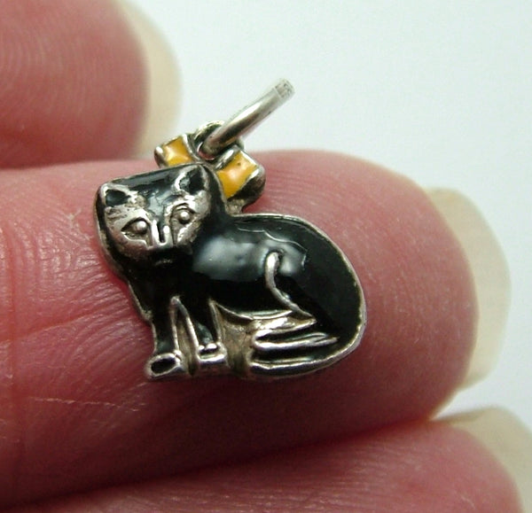 Small Vintage 1950's Silver & Enamel Lucky Black Cat with Orange Bow Charm Enamel Charm - Sandy's Vintage Charms