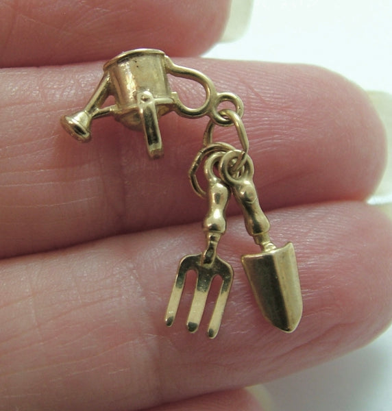 Vintage 1980's 9ct Gold Garden Tool Charm Set - Trowel, Fork & Watering Can Gold Charm - Sandy's Vintage Charms