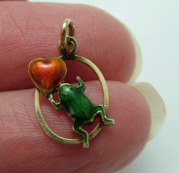 Vintage 1950's 14k 14ct Gold & Enamel Frog with Heart Charm