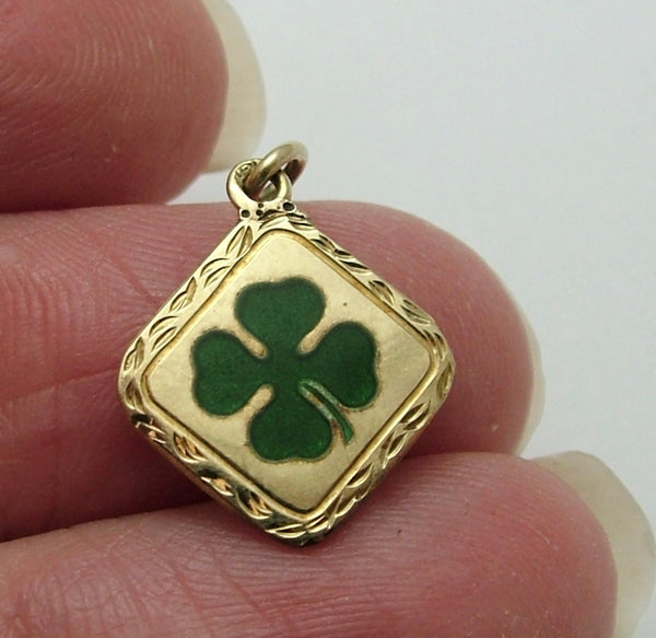 Small Vintage 1930’s Hollow 14ct 14k Gold & Green Enamel Lucky Four Leaf Clover Charm