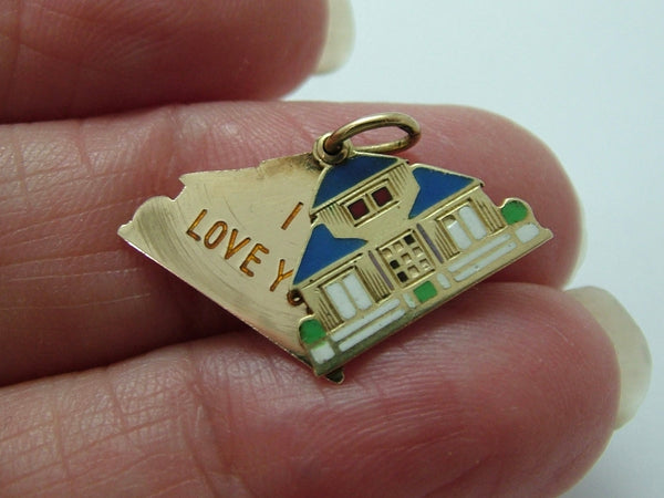 Vintage 1930’s 14ct 14k Gold & Enamel House Slider Charm “I LOVE YOU” Inside Gold Charm - Sandy's Vintage Charms