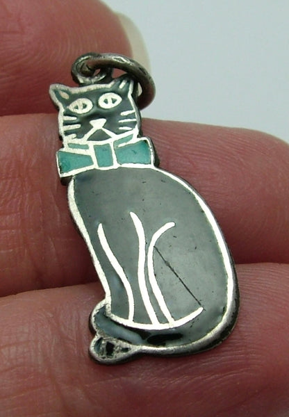 Large Vintage 1930's Silver & Enamel Lucky Black Cat Charm with Blue Bow Tie Enamel Charm - Sandy's Vintage Charms