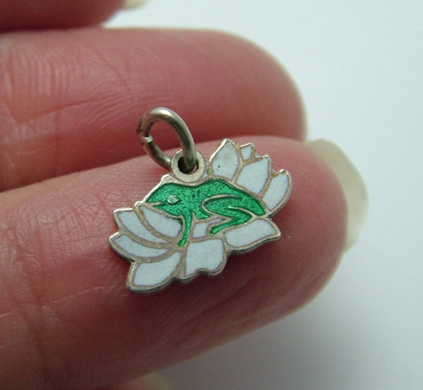 Small Vintage 1950's Silver & Green Enamel Frog on a Water Lily Charm Enamel Charm - Sandy's Vintage Charms