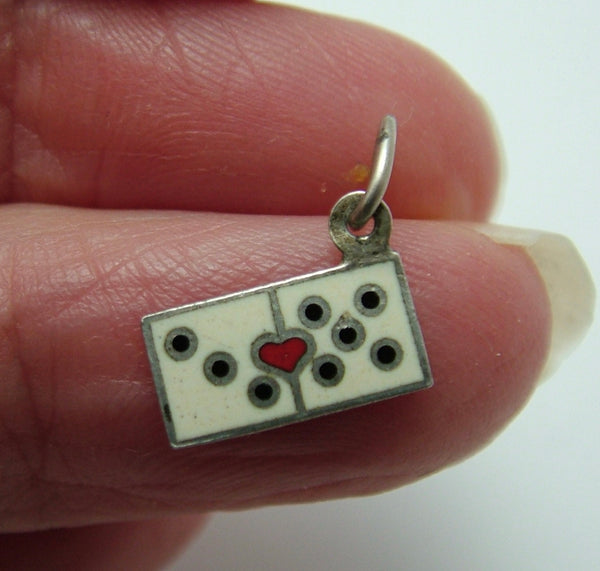 Small Vintage 1950's Silver & Enamel Domino Charm with Red Heart Enamel Charm - Sandy's Vintage Charms