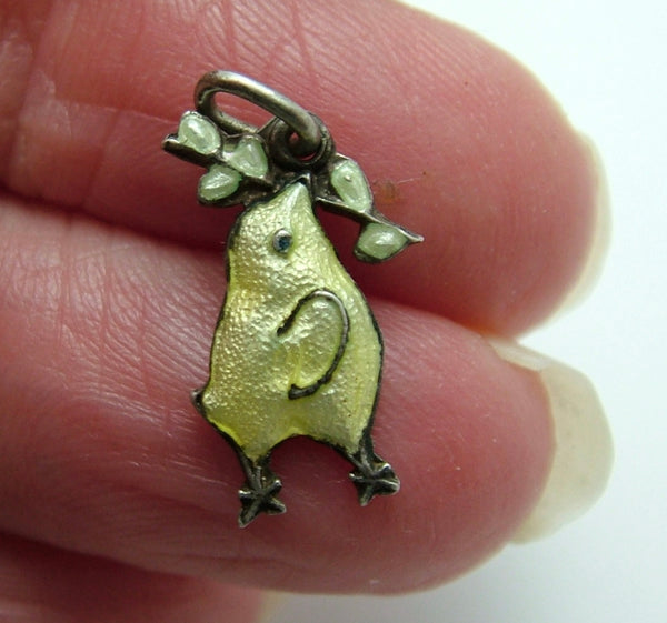 Small Vintage 1950's Silver & Yellow Enamel Chick Charm with Leaf Branch Enamel Charm - Sandy's Vintage Charms