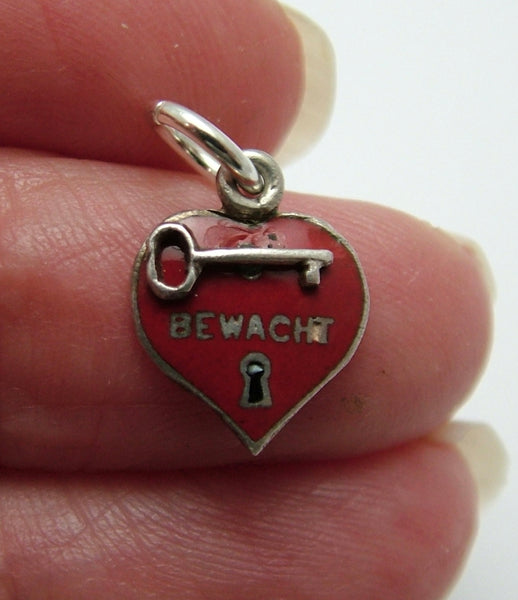 Small Vintage 1950's Silver & Red Enamel Heart with Key Charm “Guarded” Enamel Charm - Sandy's Vintage Charms