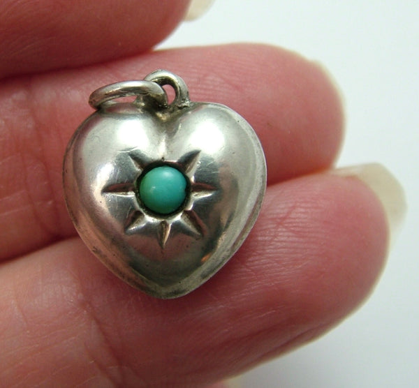 Vintage 1960's Hollow Silver & Turquoise Glass Puffy Heart Charm Silver Charm - Sandy's Vintage Charms