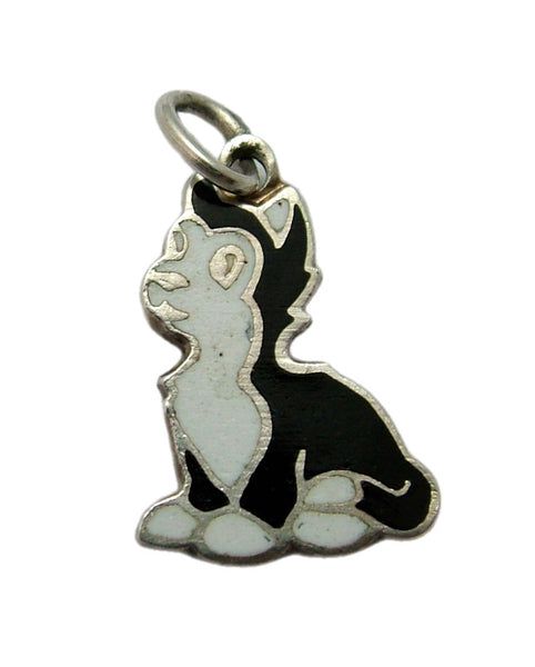 Small Vintage 1950's Silver & Enamel Black & White Cat Charm Figaro from Pinocchio Enamel Charm - Sandy's Vintage Charms