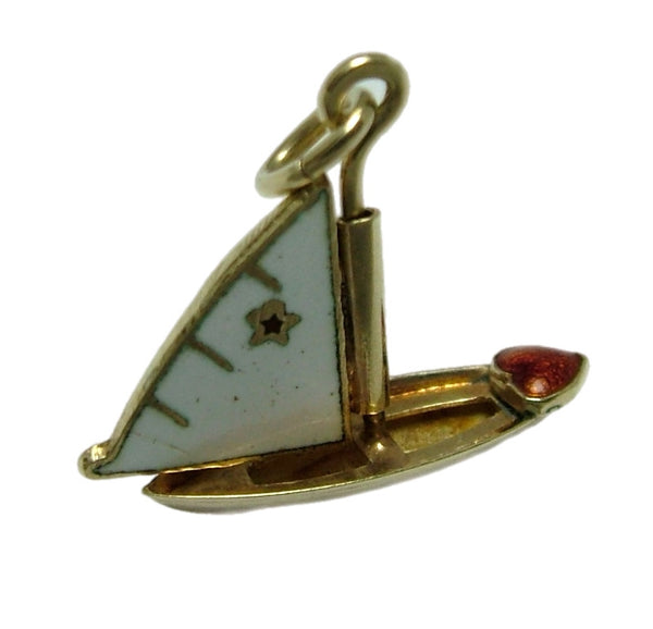 Vintage 1950’s 14ct 14k Gold & Enamel Sailing Yacht Charm with Moving Sail & Tiny Red Heart Gold Charm - Sandy's Vintage Charms