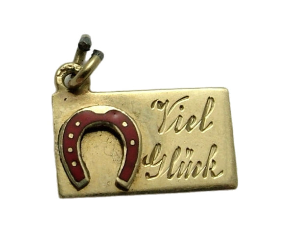 Vintage 1950’s 14ct 14k Gold & Red Enamel Lucky Horseshoe Letter Charm “Viel Gluck” Gold Charm - Sandy's Vintage Charms