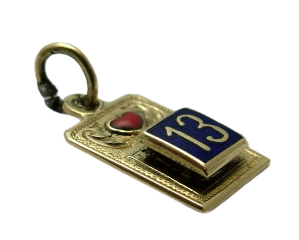 Vintage 1950’s 14ct 14k Gold & Enamel Calendar Charm with Heart & Lucky 13 Gold Charm - Sandy's Vintage Charms