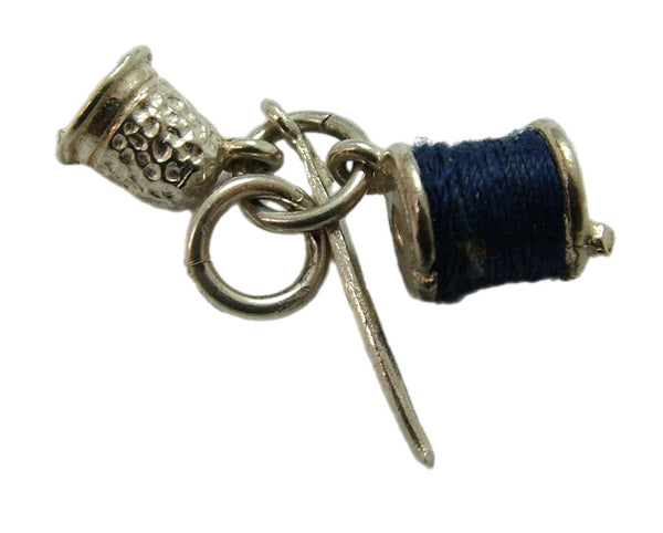 Vintage 1960's Silver Sewing Charm with Blue Cotton Reel, Thimble and Needle Silver Charm - Sandy's Vintage Charms