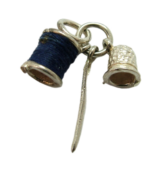 Vintage 1960's Silver Sewing Charm with Blue Cotton Reel, Thimble and Needle Silver Charm - Sandy's Vintage Charms