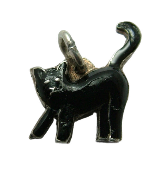 Small Vintage 1950's Silver & Enamel Lucky Black Cat Charm Enamel Charm - Sandy's Vintage Charms