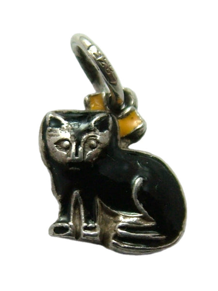 Small Vintage 1950's Silver & Enamel Lucky Black Cat with Orange Bow Charm Enamel Charm - Sandy's Vintage Charms