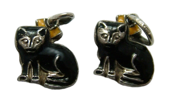 Small Vintage 1950's Silver & Enamel Lucky Black Cat with Orange Bow Charm Enamel Charm - Sandy's Vintage Charms