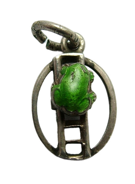 Small Vintage 1950's Silver & Moving Green Enamel Frog on a Ladder Charm Enamel Charm - Sandy's Vintage Charms