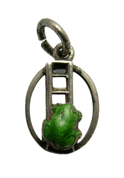 Small Vintage 1950's Silver & Moving Green Enamel Frog on a Ladder Charm Enamel Charm - Sandy's Vintage Charms