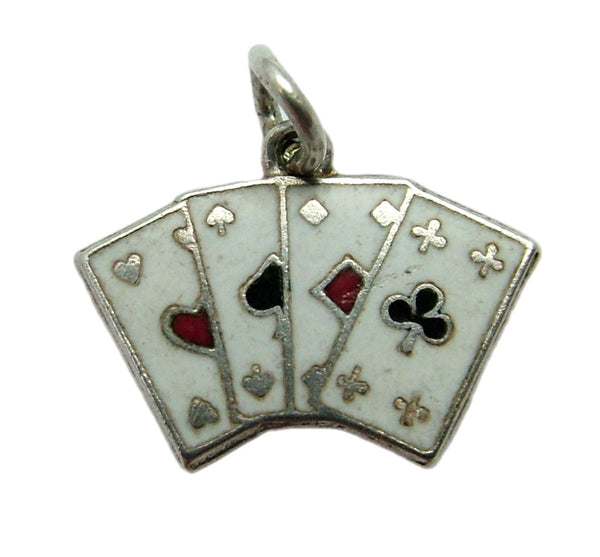 Small Vintage 1950's Silver & Enamel Playing Cards Charm Four Aces Enamel Charm - Sandy's Vintage Charms