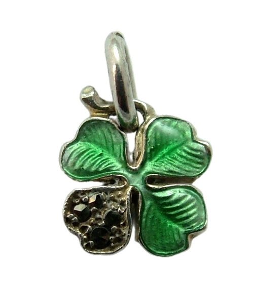 Small Vintage 1930's Silver, Green Enamel & Marcasite Four Leaf Clover Charm