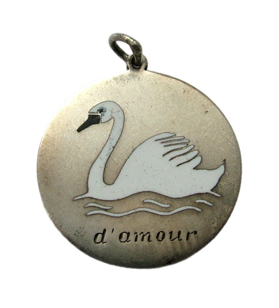 Large Antique c1920 Silver & Enamel Swan “d’amour” Rebus Charm Antique Charm - Sandy's Vintage Charms