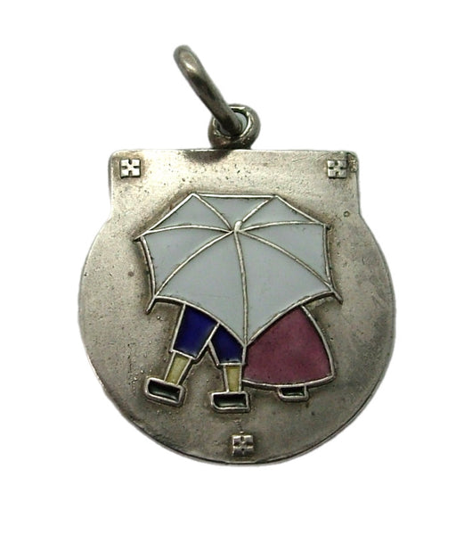 Large Antique Art Nouveau c1905 Solid Silver & Enamel People Under Umbrella Charm Antique Charm - Sandy's Vintage Charms