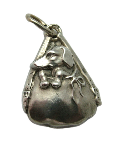 Antique Edwardian c1905 Hollow Silver Dachshund in a Bag Charm Antique Charm - Sandy's Vintage Charms