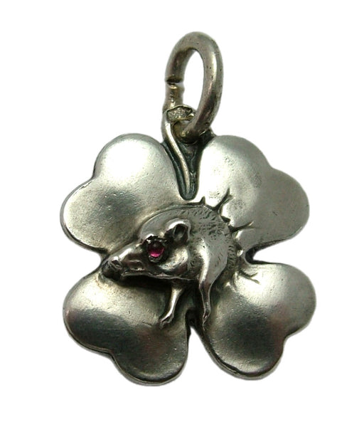 Antique Edwardian Art Nouveau c1905 Silver Hollow Pig in a Four Leaf Clover Charm with Ruby Eye Antique Charm - Sandy's Vintage Charms