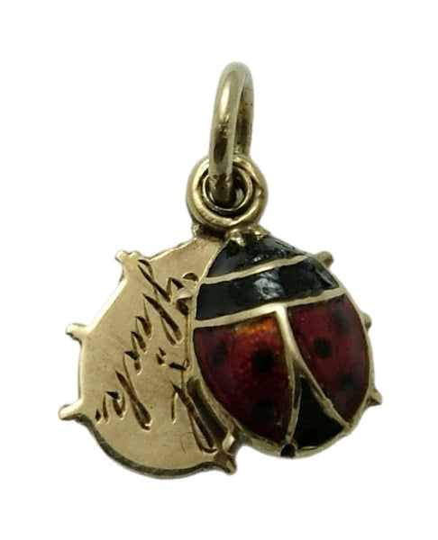 Tiny Vintage 1950’s 14ct 14k Gold & Red Enamel Lucky Ladybird Slider Charm “Viel Gluck” Inside Gold Charm - Sandy's Vintage Charms