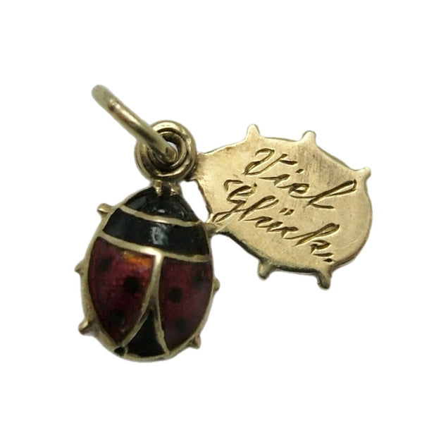 Tiny Vintage 1950’s 14ct 14k Gold & Red Enamel Lucky Ladybird Slider Charm “Viel Gluck” Inside Gold Charm - Sandy's Vintage Charms